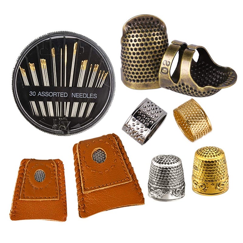 ZMAAGG 8 Pcs Thimble + 30 Pcs Sewing Needles, Finger Protector Fingertip Adjustable Metal Bronze Rings and Leather Coin Thimble for Needlework, Hand Embroidery Craft - Image 1